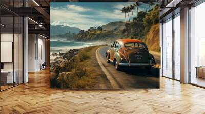 car driving on the road on the beach side highway Wall mural