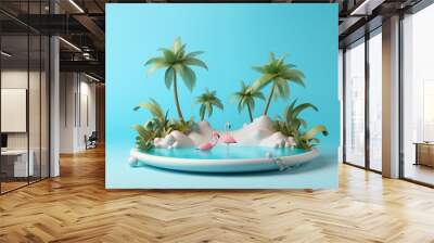 Card template with coconut tree on little island and cute boat on blue background for cute and travel design Wall mural