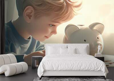 Child putting coins in piggy bank in future planning concept Wall mural