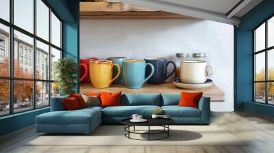 colorful cup of coffee or tea on wooden shelf with white wall Wall mural