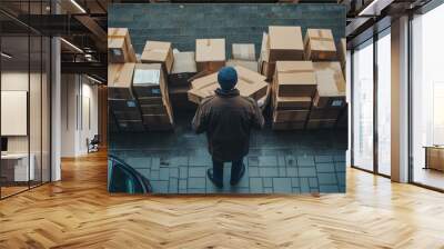 Courier man in uniform loading various cardboard boxes to van Wall mural