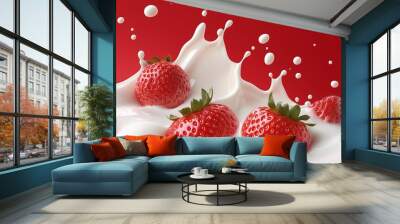 Delicious fresh milk and strawberries on a red background Wall mural