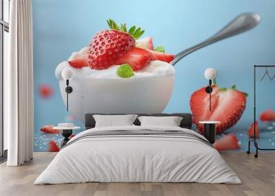 Delicious natural yogurt with fresh strawberry on light blue background Wall mural