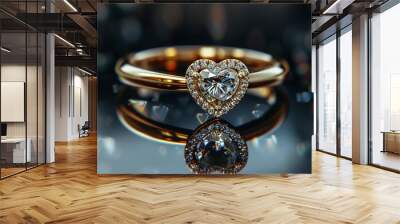 diamond ring placed on shiny black glass surface. Heart shape diamond ring design Wall mural