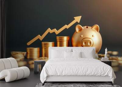 Gold piggy bank with gold coin money stacks and growing arrow in savings investment concept Wall mural