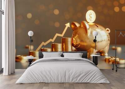 Gold piggy bank with gold coin money stacks and growing arrow in savings investment concept Wall mural