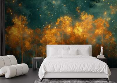 Golden trees on green and black sky background.  Wall mural