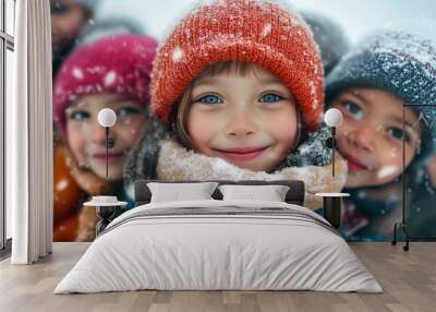 Hugging a group of kids in winter Wall mural