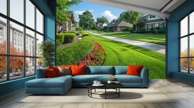 Landscaping a middle-class house in an air-conditioned area with a freshly cut lawn Wall mural