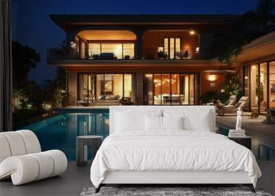 Luxury villa with swimming pool at night Wall mural