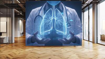 Medical doctor holding glowing virtual human lung in hands in Respiratory system protection and health care concepts Wall mural