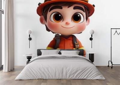 Cheerful Cartoon Firefighter Character, vibrant and friendly design for children, large head and big eyes, slight smile, set against a clear white background, playful and inviting. Wall mural