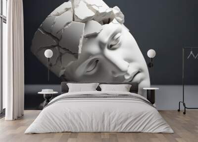 Broken ancient greek statue head falling in pieces. Broken marble sculpture, cracking bust, concept of depression, memory loss, mentality loss or illness Wall mural