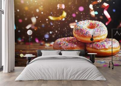 Celebratory donuts with colorful sprinkles and festive confetti on rustic wood Wall mural