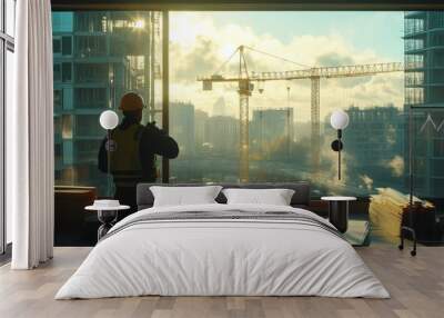 Construction site at sunrise with architect overlooking urban development Wall mural