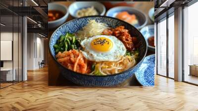 Delicious korean bibimbap with sunny-side-up egg and fresh vegetables in ceramic bowls Wall mural