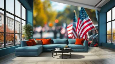 Digital background featuring a military parade with American flags on a sunny day, with bokeh, light and shadow effects, and a depth of field with blurred people in the foreground Wall mural