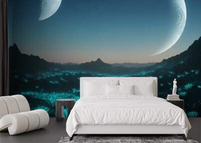 Otherworldly landscape with two moons and glowing plants Wall mural