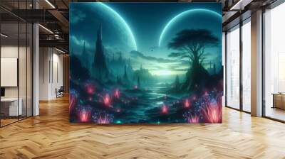 Otherworldly landscape with two moons and glowing plants Wall mural