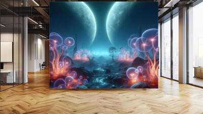 Otherworldly landscape with two moons and glowing plants Wall mural