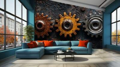 3D metallic gear rotation teamwork success and technology concept illustrating seamless interaction Wall mural