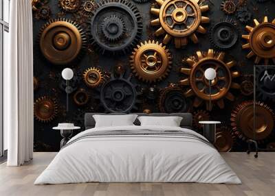 3D metallic gears interlocking in rotation symbolizing success teamwork concept in technology and efficiency Wall mural