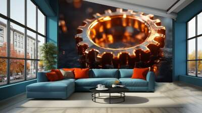 3D metallic gears interlocking in rotation symbolizing success teamwork concept in technology and efficiency Wall mural