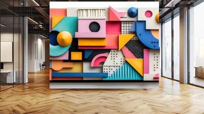 Abstract 3d art with pastel geometric shapes on white background memphis style modern minimal Wall mural