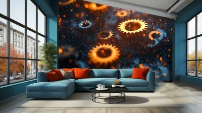 Dynamic 3D render of gears in motion teamwork concept illustrating success in technology and innovation Wall mural