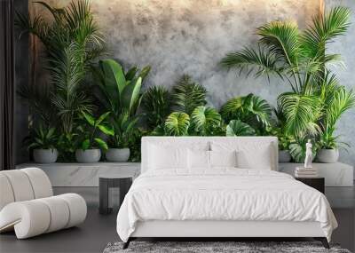 Elegant tropical plant on white marble platform in luxury 3D render Wall mural