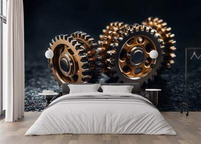 Metallic gears spinning together teamwork concept of success in modern technology and collaboration Wall mural