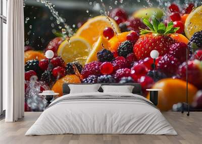 Mixed fruits like berries citrus and tropical fruits in a vibrant juicy splash Wall mural