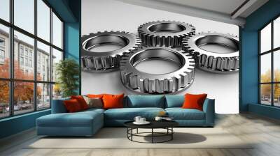 Spinning metallic gears teamwork technology success concept symbolizing collaborative innovation Wall mural