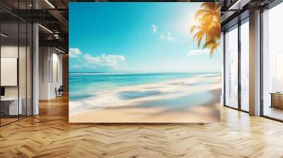 Serene tropical beach with golden sunrise and swaying palm trees Wall mural