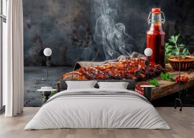 Spicy Barbecue Ribs with Smokey Sauce and Fresh Herbs on Rustic Wooden Board Wall mural