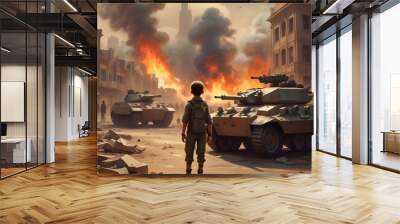 Tanks and armored vehicles in a war-burning city, a child staring at it Wall mural