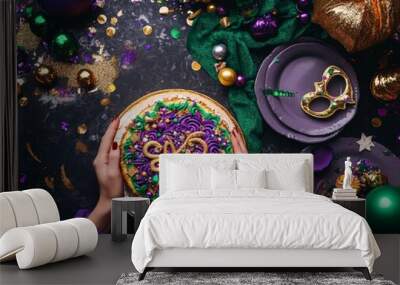 Vibrant mardi gras celebration with colorful cake and festive decor Wall mural