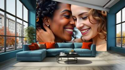 Interracial gay female couple embracing joyfully, capturing love, warmth, and connection in a heartfelt moment Wall mural