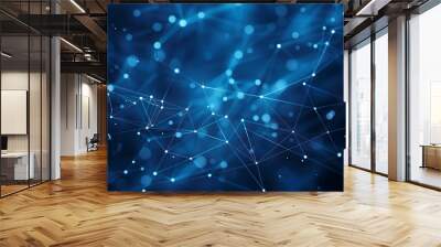 Abstract blue background network technology technology and communication connected dots and wave landscape. Telecommunication data science particles cyberspace metaverse. Wall mural