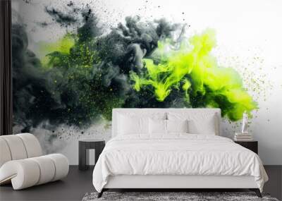 Vivid neon green and charcoal smoke bomb explosion. Dynamic colored clouds on transparent background. Wall mural