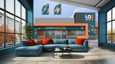 Blue store design with color geometric shapes. Elements of outdoor advertising. Corporate identity Wall mural