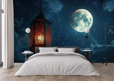 Lantern Under the Moon and Stars Wall mural