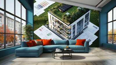 Sustainable Building Concept with Green Roof and Plans Wall mural