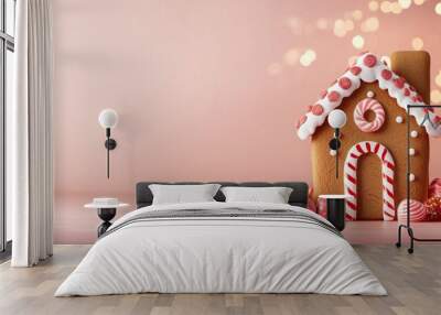 A decorated gingerbread house with candy accents on a soft pink background, evoking a festive and whimsical holiday spirit. Wall mural