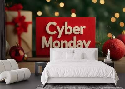 Cyber Monday sale sign with festive decorations and blurred lights in background. Wall mural