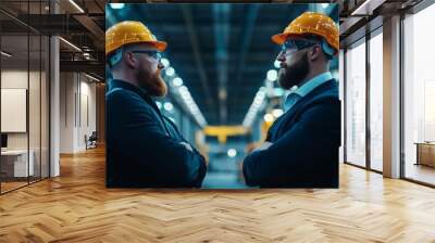 Two construction professionals in hard hats engaging in a serious discussion inside a modern industrial facility Wall mural