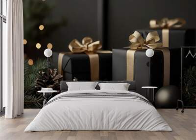 Elegant black gift boxes with gold ribbons are surrounded by festive pine branches and ornaments, creating sophisticated Christmas atmosphere Wall mural