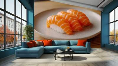 Fresh sushi with salmon on textured plate, showcasing vibrant colors and delicate presentation. This dish highlights artistry of sushi making and freshness of ingredients Wall mural