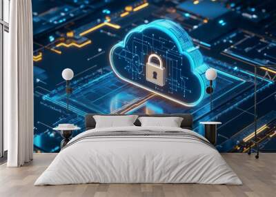 glowing data cloud with digital lock symbolizes secure cloud computing and data protection. futuristic design highlights cybersecurity and technology innovation Wall mural