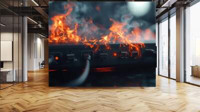 power strip with electrical cable is engulfed in flames, creating dramatic and dangerous scene. intense fire highlights potential hazards of electrical equipment Wall mural